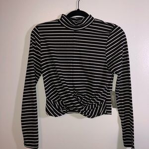 Black and white striped mock turtle neck crop top